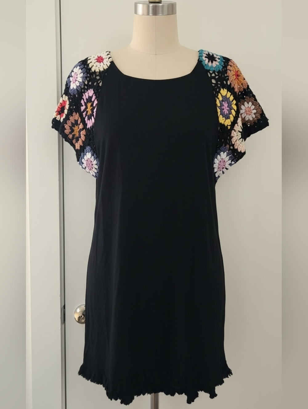 Umgee Black Midi Dress with Multicolor Crochet Cap Sleeves